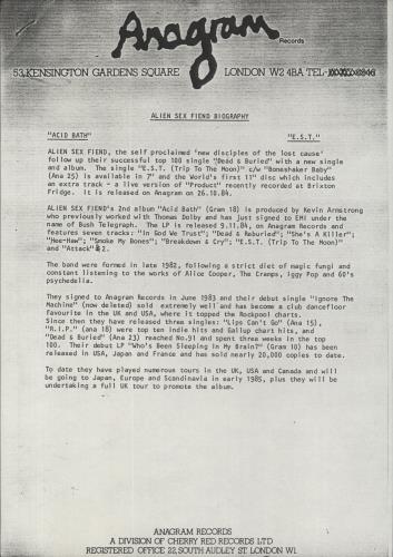 Alien Sex Fiend Acid Bath + Press Release UK vinyl LP album